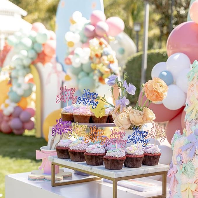 24 PCS Happy Birthday Cupcake Toppers - Multi 6 Colors Glitter Picks for Celebrating Anniversary Theme Party Cake Decorations Supplies