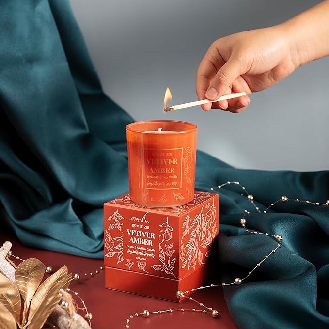 ROMIIE ZOI Aromatherapy Jar Candle - 6oz Soy Wax Candle - Infused with Vetiver Amber Aroma - with Beautiful Keepsake Box Special for Birthday/Holiday Gifts