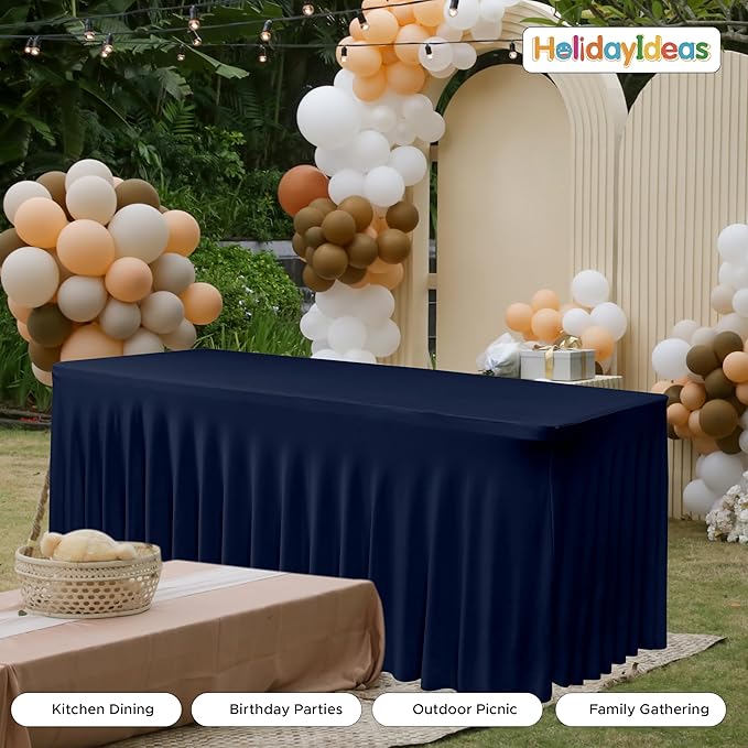 HolidayIdeas 8ft Spandex Tablecloth 2 Pcs Fitted Stretch Table Skirts 30x96 Inch,Navy Blue Ruffle Design Wrinkle-Free Polyester Table Cover for Vendor Booth, Parties Banquets, Events