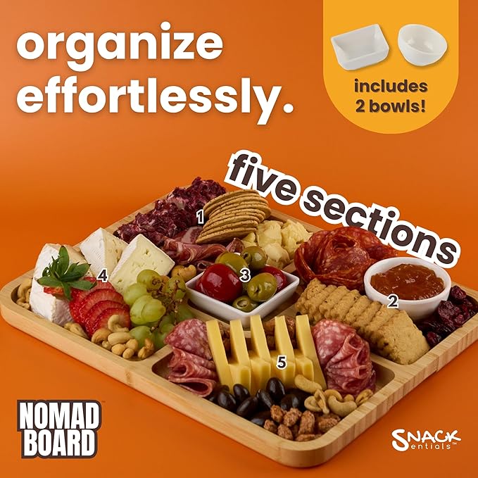 Charcuterie Board with Lid and Handle – Bamboo Travel Snack Tray with 5 Sections and 2 Dip Bowls, 11x14 inches, Covered Portable Cheese Platter for Picnics, Parties, Gifts