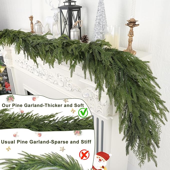9FT Christmas Garland for Decoration Home Indoor Outdoor, Realistic Christmas Pine Garland Artificial Real Touch Greenery Cedar Garland Mantel Window Table Wall Holiday Thanksgiving Winter Décor