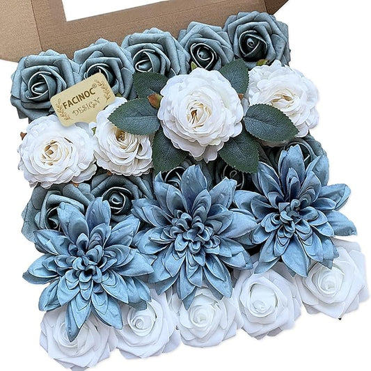 Roses Artificial Flowers Blue Fake Flower Bulk for DIY Wedding Bouquets Bridal Baby Shower Centerpiece Table Decorations Silk Faux Floral Arrangements for Party Home Decor Indoor Dusty Blue