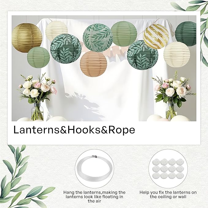 Sage Green Back to School Hanging Paper Lanterns Decorative, 12PCS Sage Green and Gold Forest Birthday Party Decoration with Hooks and Ropes Bridal Shower Wedding Home Decor
