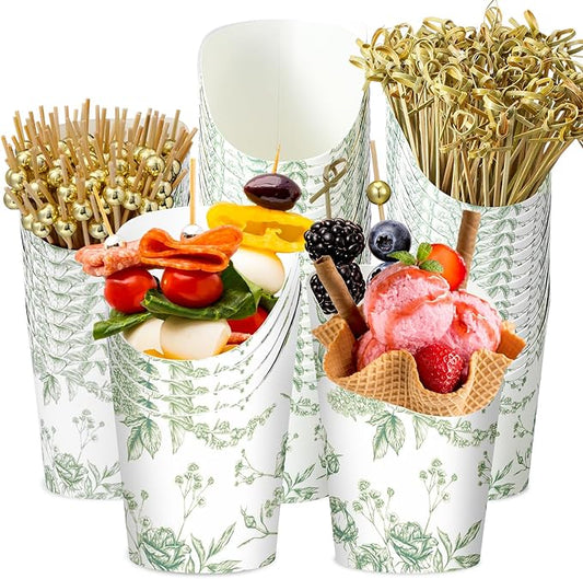 Tioncy 250 Pcs Floral Charcuterie Cups with Cocktail Picks Sets, Floral Bridal Shower Decoration 50 Charcuterie Cups with 200 Sticks for Wedding Baby Shower Party Decorations(Green,Flower)
