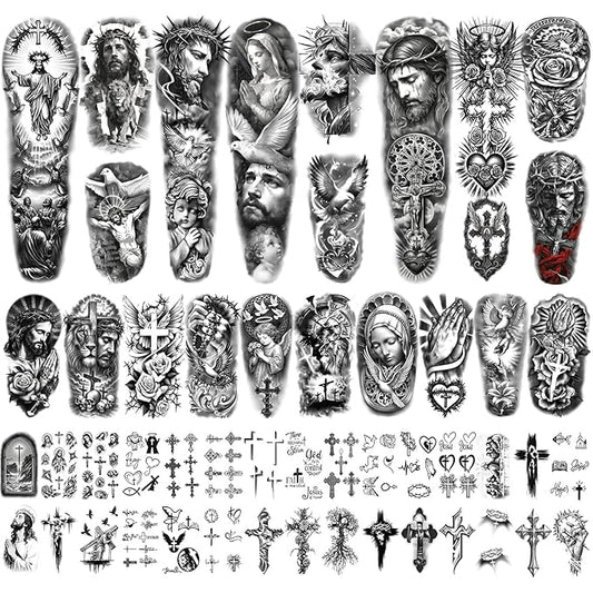 Yazhiji 48 Sheets Christian Full Arm Temporary Tattoos For Adult, Religious Jesus Christ Cross Angel God Half Arm Fake Tattoos, Christ Catholic Realistic Tiny Body Temporary Tattoos for Men Women Kids