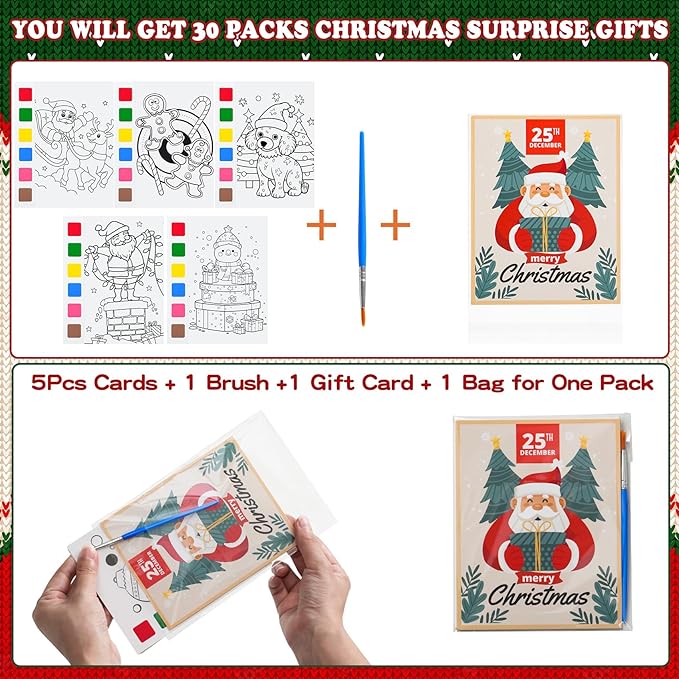 Rotu Christmas Party Favors for Kids - Stocking Stuffers for Kids - Christmas Gifts for Kid, Watercolor Coloring Books with Xmas Cards, Xmas Crafts Classroom Prizes Paint Set, 30 Pack(240 PCS)