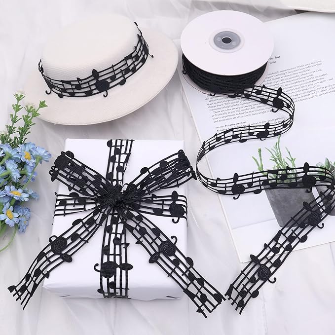 Black Music Note Ribbon Grosgrain Ribbon Notation Craft Music Accessories Trim for Homecoming Mum Supplies Christmas (20 Yards/Roll)