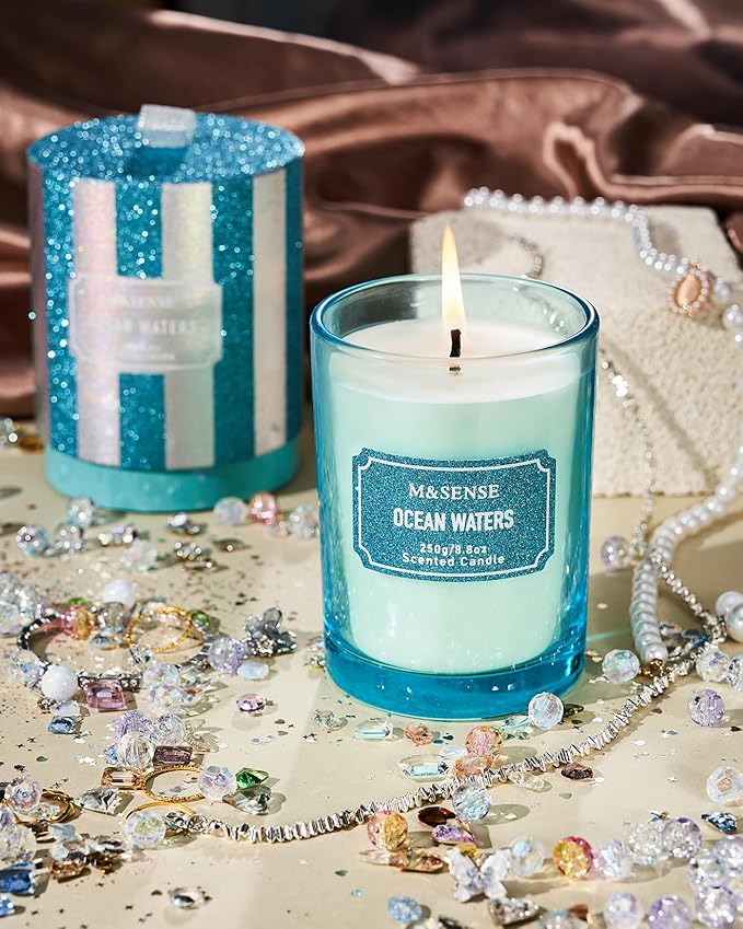M&SENSE Ocean Water Scented Candles, Classic Size 8.8 oz Glitter Jar Candles, Holiday Candles Gifts for Women, Strong Scented Natural Soy Candle for Winter Home Decor, 50 Hours Long Burning