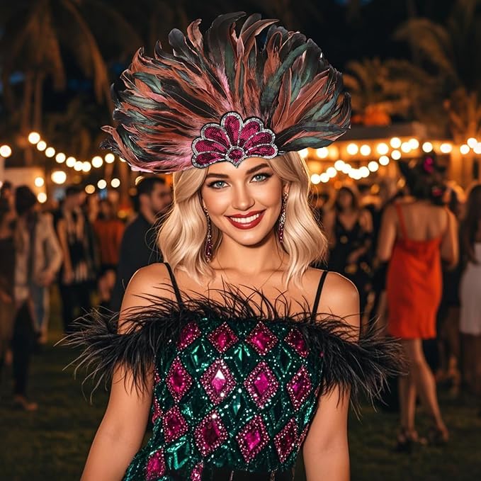 Women's Carnival Feather Headpieces Sequin Headdress for Wedding Masquerade Party Cosplay Feather Headbands