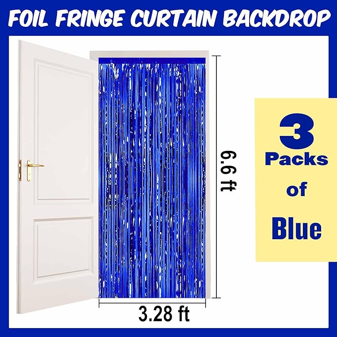 3 Pack Black Blue Foil Fringe Curtains Backdrop, 3.28 x 6.6 Ft Metallic Streamers Tinsel Curtains Background for Photo Booth, Carnivals, Birthdays, Weddings, Thanksgiving, New Year Party Decorations