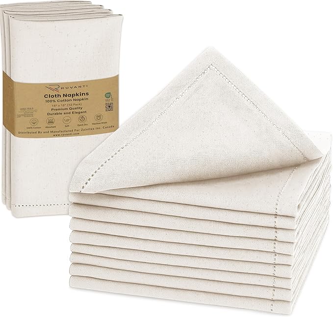 Ruvanti Cloth Napkins - 100% Cotton Dinner Napkins, Hem Stitched Corners, 18x18 Inch, 12 Pack - Soft, Absorbent, Durable, Reusable, Wrinkle Resistant for Formal Dining & Everyday Use - Natural Color