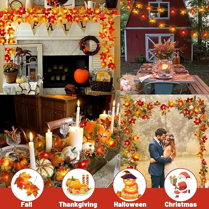 Fall Decorations Leaves Garland with Lights,Home Maple Leaf String Lights Multicolored 2 Pack 40FT 80LED Battery Operated with Timer,for Autumn Harvest Table Fireplace Porch Thanksgiving Indoor Decor