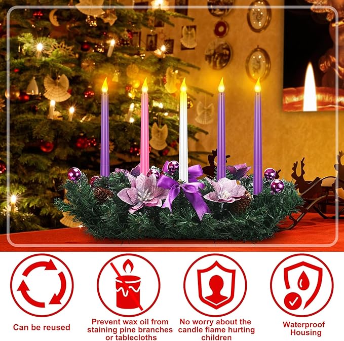 Tioncy 12 Inch Christmas Advent Wreath Candle Holder with 5 Flameless Candles Remote Control Wreaths Holder Centerpiece Decoration with Berries(Purple Poinsettia,11 x 0.8 x 0.8 in)