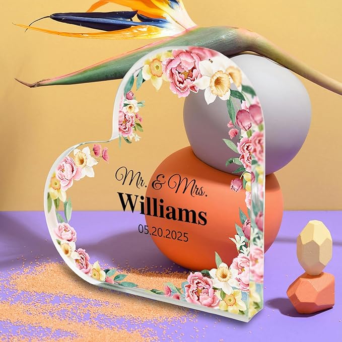 Custom Wedding Heart Acrylic Plaque,Mr & Mrs Cake Topper,Personalized Wedding Keepsake/Gift/Sign (Style 19)