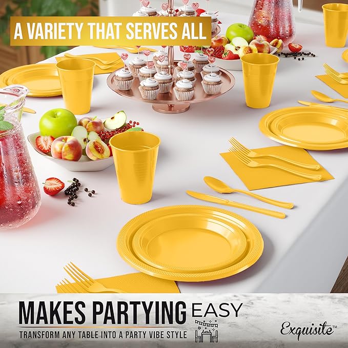Party Solids 350 Pieces Yellow Plastic Plates For Party, Yellow Disposable Plates Set, 50 Of Each 9" Dinner Plate Set, 7" Dessert Plate, Cups, Napkins & Cutlery Plastic Dinnerware