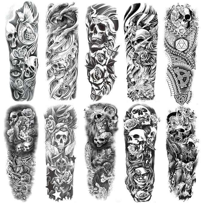 Skull Sleeve Tattoos Fake Totem Full Arm Tattoos Halloween Full Sleeve Tattoo Stickers for Women Men, 10-Sheet