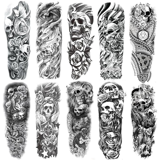 Skull Sleeve Tattoos Fake Totem Full Arm Tattoos Halloween Full Sleeve Tattoo Stickers for Women Men, 10-Sheet