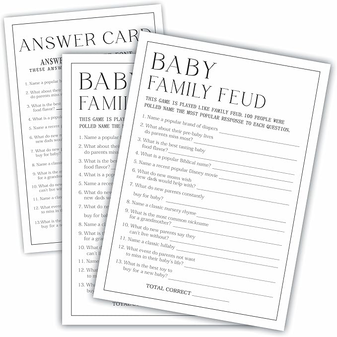 Baby Shower Party Games- Minimalism Black &White-Family Feud Game For Guest-30 Game Cards & 1 Answer Card-Wishes For Baby-Baby Announcement Gender Reveal Game Card 09