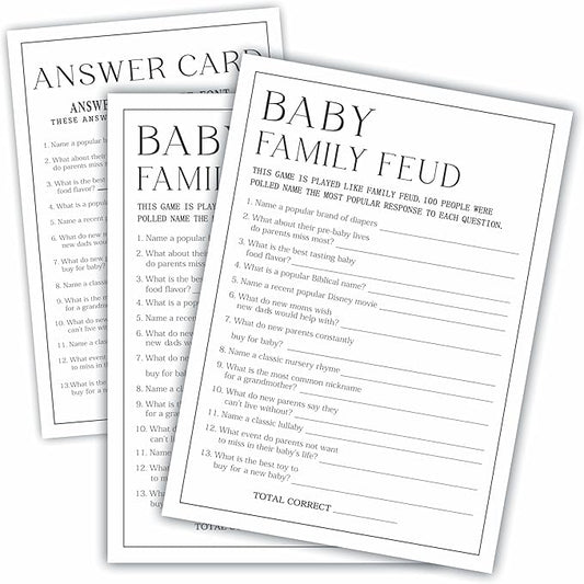 Baby Shower Party Games- Minimalism Black &White-Family Feud Game For Guest-30 Game Cards & 1 Answer Card-Wishes For Baby-Baby Announcement Gender Reveal Game Card 09