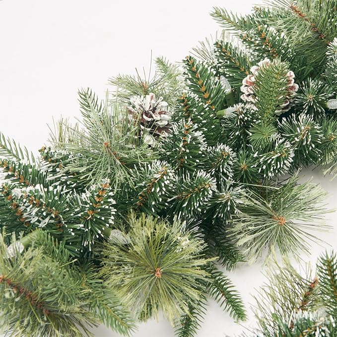 Christmas Garland Pre-lit 9 Ft with 50 Led Lights, Battery Operated Fireplace Stairs Mantle Door Indoor Outdoor, Decorated Pine Cone and Snow Style