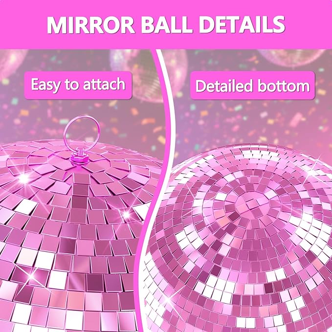 12"/16"/20" Mirror Disco Ball with Hanging Ring, for DJ Club, Party,Live Stage for Easy Installation, Disco Ball Mirror Balls Light Effect Mirrors Balls with Hanging Ring(Golden, Pink) 12Inch Pink