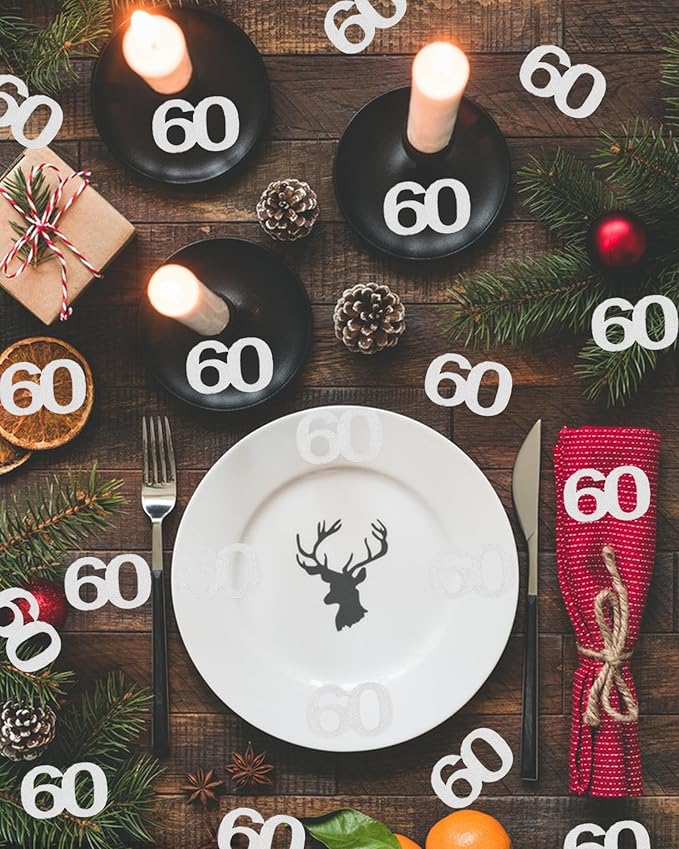 Silver Glitter 60th Bithday Confetti - Number 60 for Birthday, Anniversary Table Confetti Party Supplies, 60 Fabulous Decoration