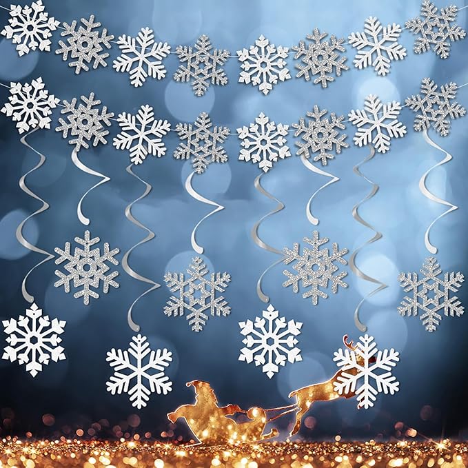 Snowflake-Snow White-Silver Christmas Party-Decoration Garland - 24PCS Frozen Winter Wonderland Ornaments Hanging Paper Streamers,New Years Birthday Holiday Classroom Ceiling Decor Burgleda