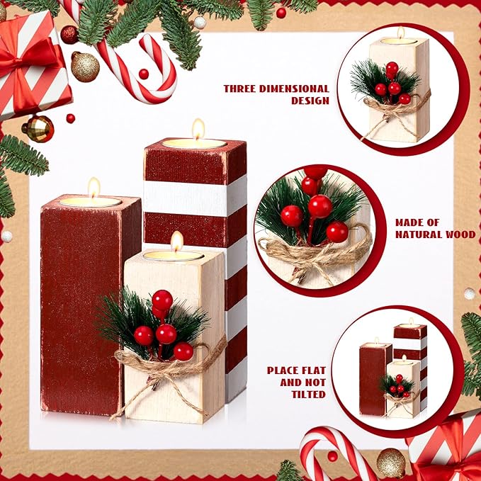 3 Pcs Christmas Candle Holders with Candles Wooden Xmas Tealight Candle Holders Decorations Red White Striped Votive Wood Candlestick Christmas Table Centerpiece for Xmas Party Favors Decor