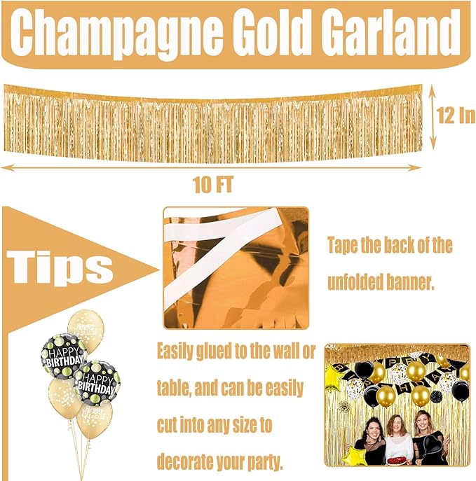 6 Pack 10 Feet Foil Fringe Garland Metallic Tinsel Streamers Banner Wall Hanging Curtain Backdrop for Parade Floats, Wedding, Disco, Birthday, Halloween, Christmas Party Decorations(Champagne Gold)