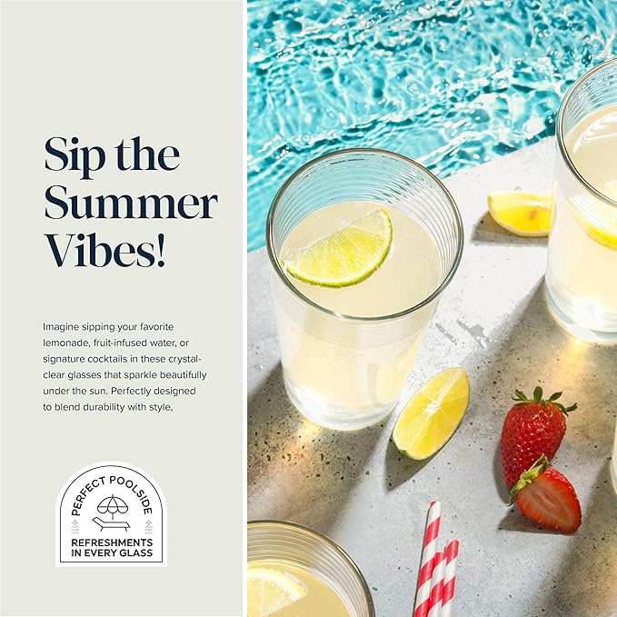 Glaver's Drinking Glasses Set of 10 Highball Glass Cups, Premium Quality 17 Oz. Coolers, Ribbed Glassware. Ideal for Water, Juice, Cocktails, and Iced Tea. Dishwasher Safe.