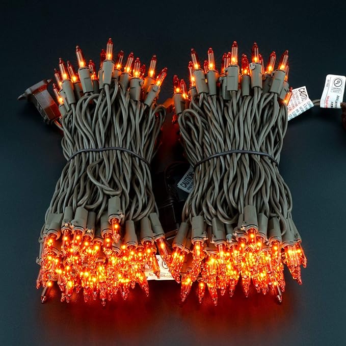 YULETIME Orange Christmas Lights with Brown Wire, 66 Feet 200 Count UL Certified String Lights, Pack of 2 Sets 33 Ft 100 Count Amber Incandescent Mini Light Set (Orange)