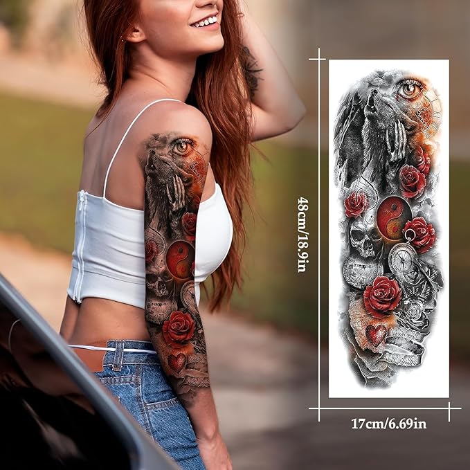 12 Sheets Black Large Full Arm Temporary Tattoos Adults, Waterproof Realistic Totem Flower Myth Angel Skull Fake Tattoos, Eagle Dragon Horse Tattoo Kits Parties Festivals Cosplay BBQ Pool Beach Party