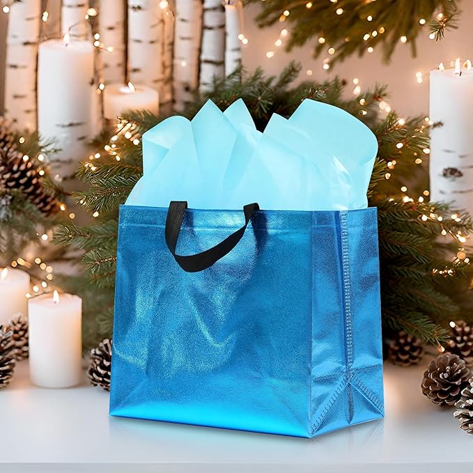 KeerxunBag 12Pcs Reusable Gift Bags（Includes Tissue Paper） Gift bag with handle Birthdays Parties Holidays Weddings Medium 13x5x11in cyan Bags