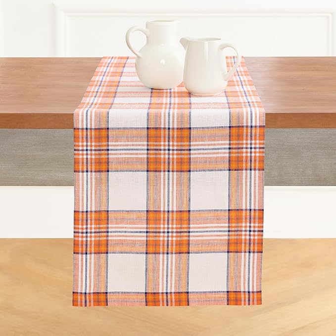 Solino Home Fall Table Runner 90 Inches Long - 100% Pure Linen Orange Tartan Plaid Table Runner 14 x 90 Inch for Dining, Autumn, Thanksgiving