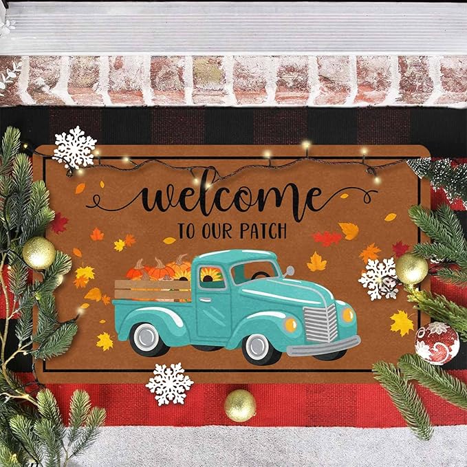 InterestPrint Thanksgiving Doormat Fall Truck Door Mat, Vintage Fall Truck Decor for Covered Outdoor Area Pumpkin Welcome Mat for Autumn Halloween Thanksgiving Farmhouse Decor, 24"x16"inch