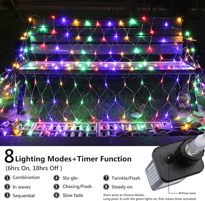 11.5ft x 5ft Christmas Net Lights Outdoor, 360 LED Net Lights with 8 Modes, Connectable, Timer, Waterproof Low Voltage Bush Mesh Fairy String Light for Yard Bush Christmas Indoor Decor (Multicolor)