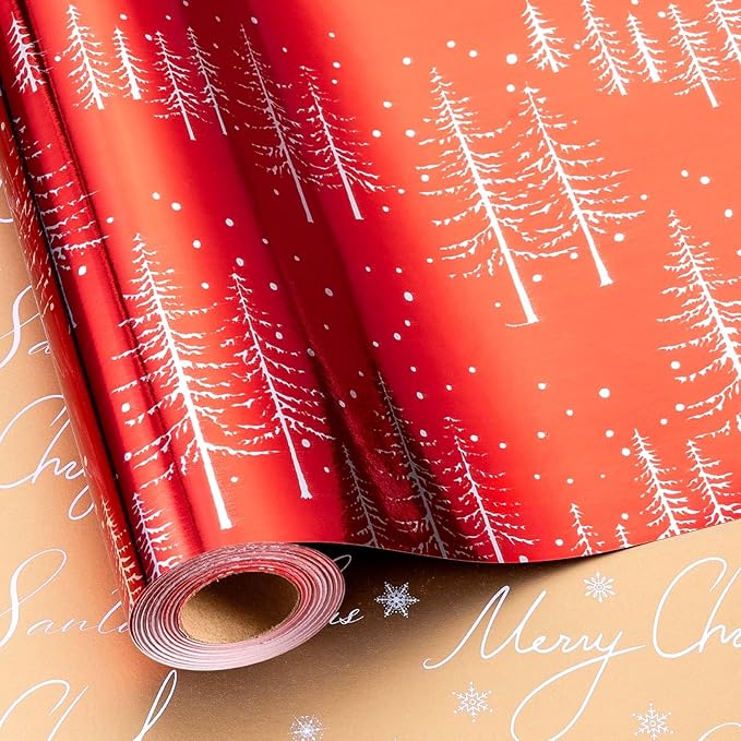 MAYPLUSS Christmas Wrapping Paper Roll - 17IN X 33FT - Reversible Christmas Gift Wrapping Paper Featuring Tree Against Red for Kids, Holiday, New Year