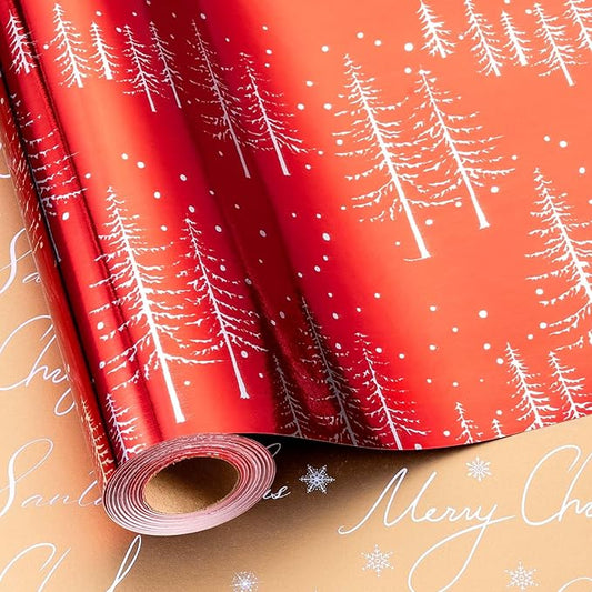 MAYPLUSS Christmas Wrapping Paper Roll - 17IN X 33FT - Reversible Christmas Gift Wrapping Paper Featuring Tree Against Red for Kids, Holiday, New Year
