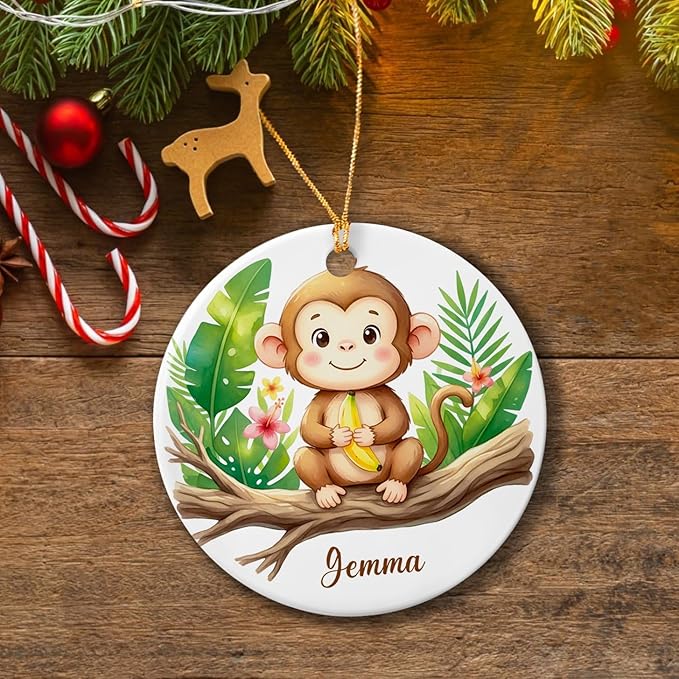 Customized Monkey Ceramic Ornament Christmas 2025, Gift for Boys Girls Son Daughter Grandkids from Family, Personalized Name Baby Monkey Lover Ornament, Animal Nature Keepsake, Animal Themed Decor
