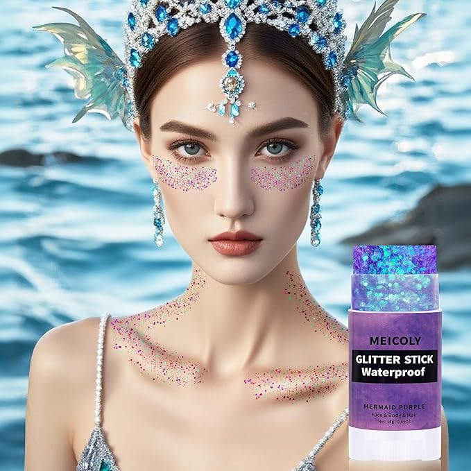 MEICOLY Purple Hair Glitter Stick,Halloween Mermaid Face Glitter Stick,for Kids and Women Costume,Sparkle Chunky Glitter Makeup,Waterproof Body Glitter for Party Rave Festival