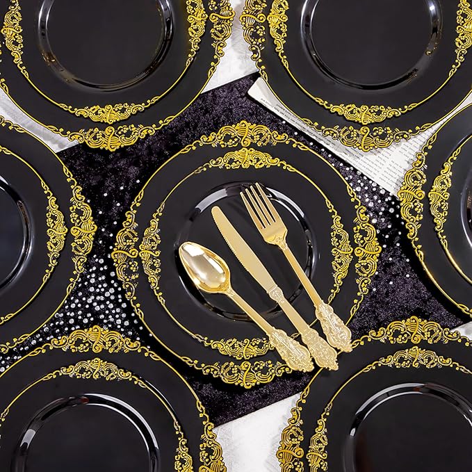 125PCS Black and Gold Plastic Plates - Black Disposable Dinnerware Set - Vintage Plastic Plates with Gold Silverware for 25 Guests for Wedding Party Halloween