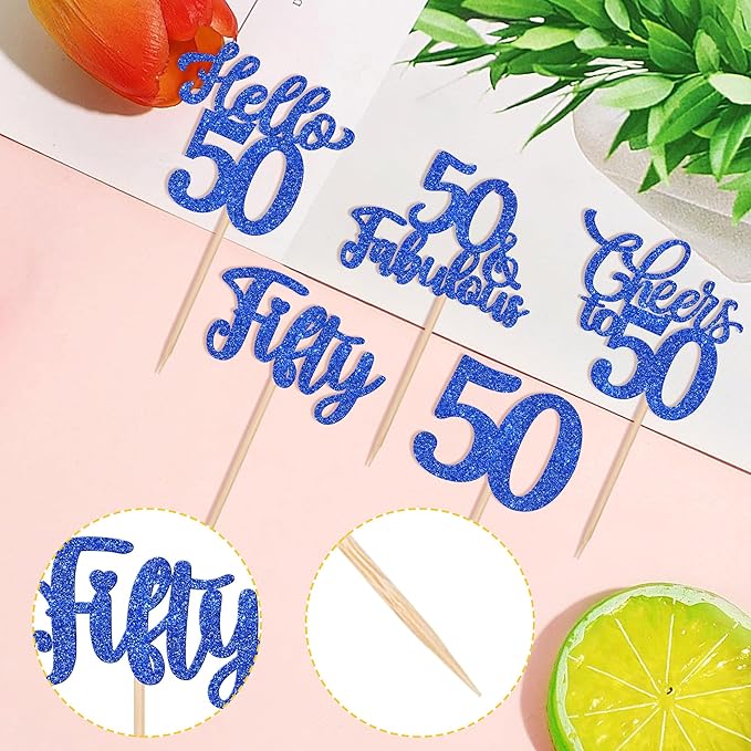 30PCS Happy 50th Birthday Cupcake Toppers Glitter Hello 50 Fabulous Fifty Cheers to 50 Years Old Birthday Cupcake Picks for Happy 50th Birthday Anniversary Party Cake Decorations Supplies Blue