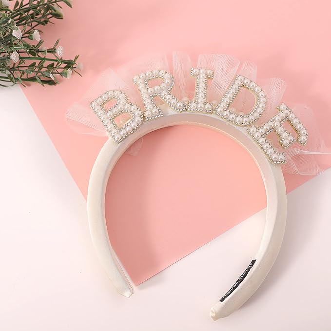 Pearl Veil Bride Headband, White Satin Hairband with 'BRIDE' Decorated by Pearl and Rhinestone, Bridal Hairband for Bachelorette Party Decorations, Women's Hair Accessory
