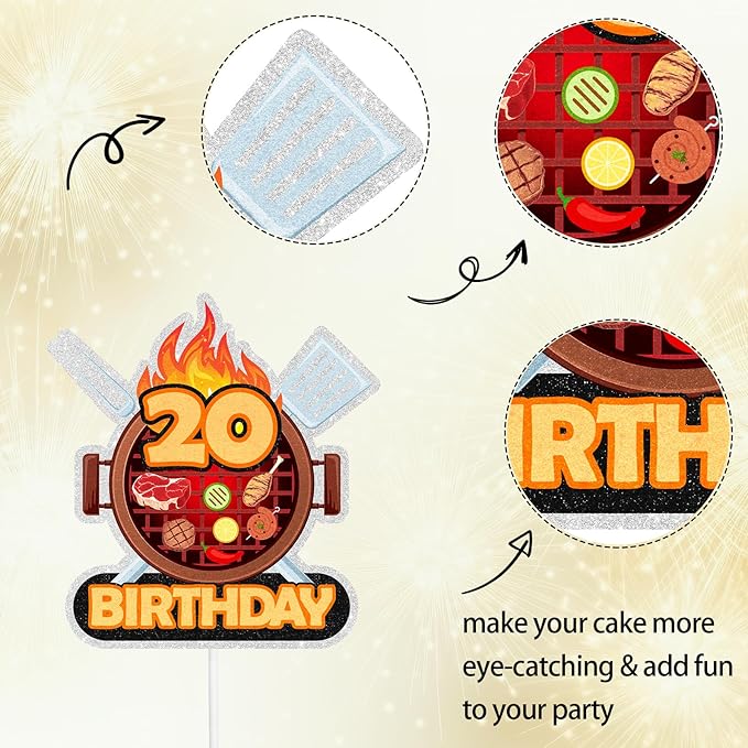 Barbecue Cake Topper 20th Birthday Happy BBQ Sausage Decorations for Men and Women Birthday Party, Summer Outdoor Picnic Party, Anniversary Friends Family Event Gathering Cooking Grill Decoration