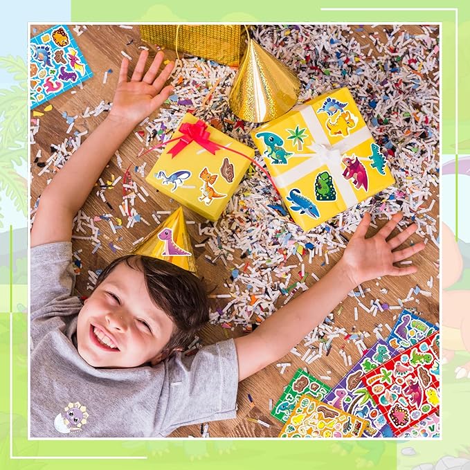 24 Sheets Dinosaur Stickers for Kids, 490Pcs Dino Stickers Bulk Preschool Sticker Sheets for Reward Craft Scrapbooking Water Bottles Gifts Bags Cards Envelopes Dinosaur Party Favors Supplies