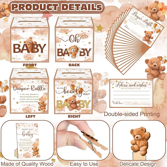 102 Pcs Bear Baby Shower Game Supplies Diaper Raffle Ticket with Diaper Raffle Card Box Don't Say Baby Sign Mini Bear Clothespin Game Decor for Gender Reveal Favor