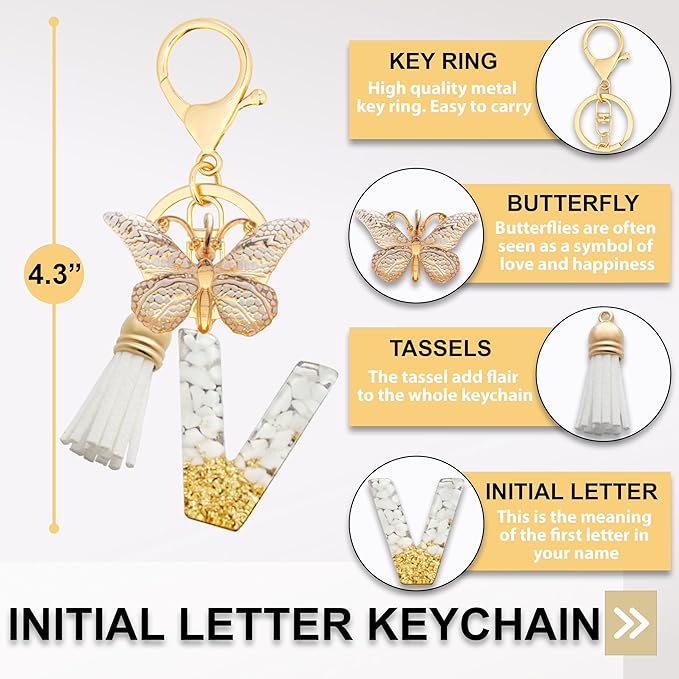 Initial Letter Keychain, Butterfly Keychain Cute Resin, Initial Keychain Backpack Charms, Key chain for Women, Girls