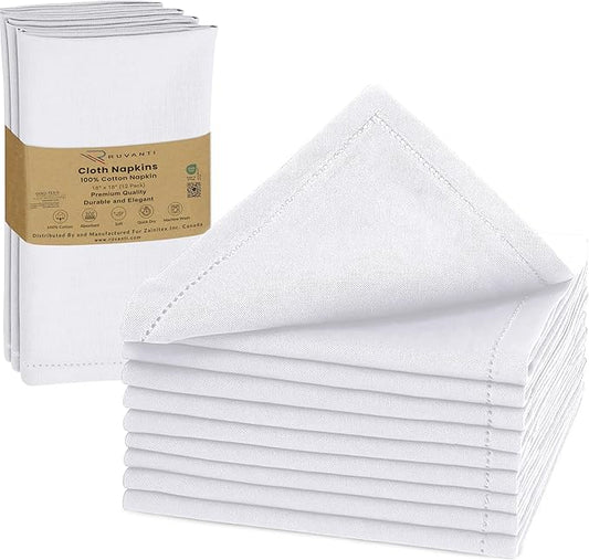 Ruvanti Cloth Napkins - 100% Cotton Dinner Napkins, Hem Stitched Corners, 18x18 Inch, 12 Pack - Soft, Absorbent, Durable, Reusable, Wrinkle Resistant for Formal Dining & Everyday Use - White