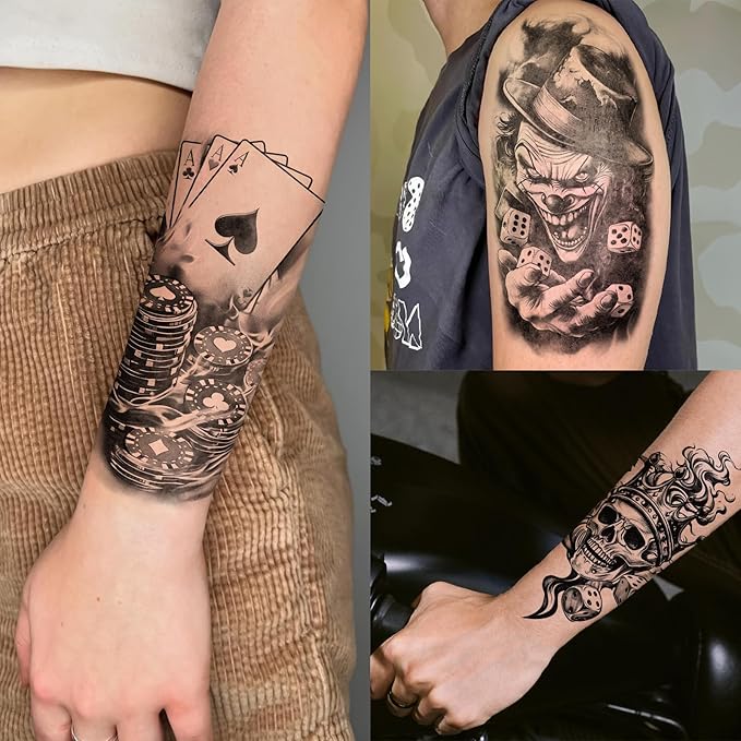 77 Sheets Casino Temporary Tattoo for Women Men, 17 Sheets Half Arm Large Poker Dice Lion Clown Fake Tattoos, 60 Sheets Angels Dollars Skull Tiny for Adult Kids Body Tattoos Stickers Realistic