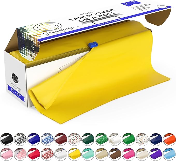 Grandipity Plastic Tablecloth Roll - 54in x 300 Ft. Yellow Plastic Table Cloths for Parties Disposable with Cutter Box - Cut to Size Disposable Tablecloth Table Cover for Rectangle & Round